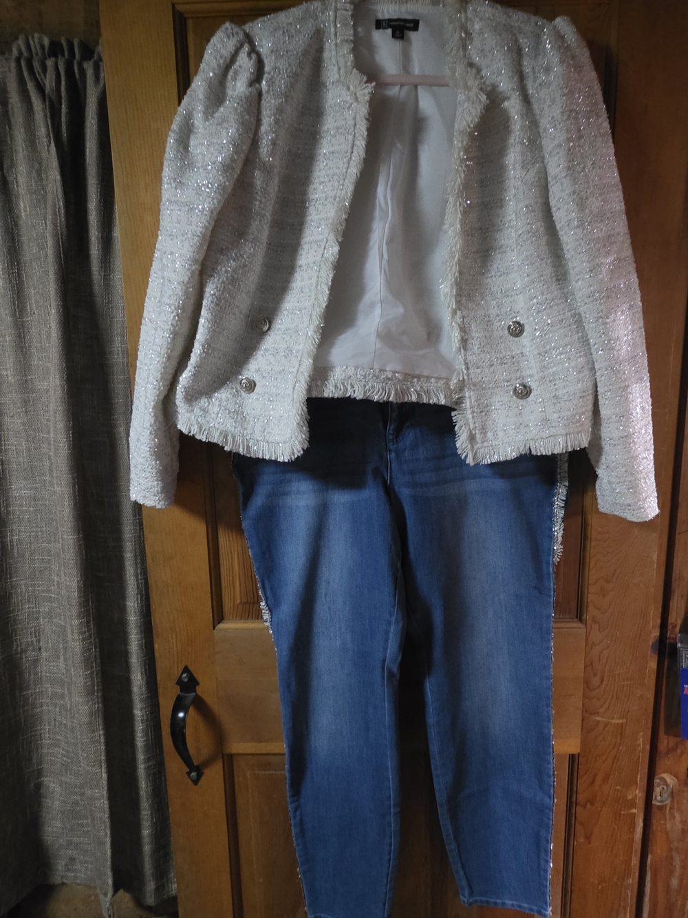 INC International Concepts White Tweed Jacket with Blue Denim Ankle Jeans